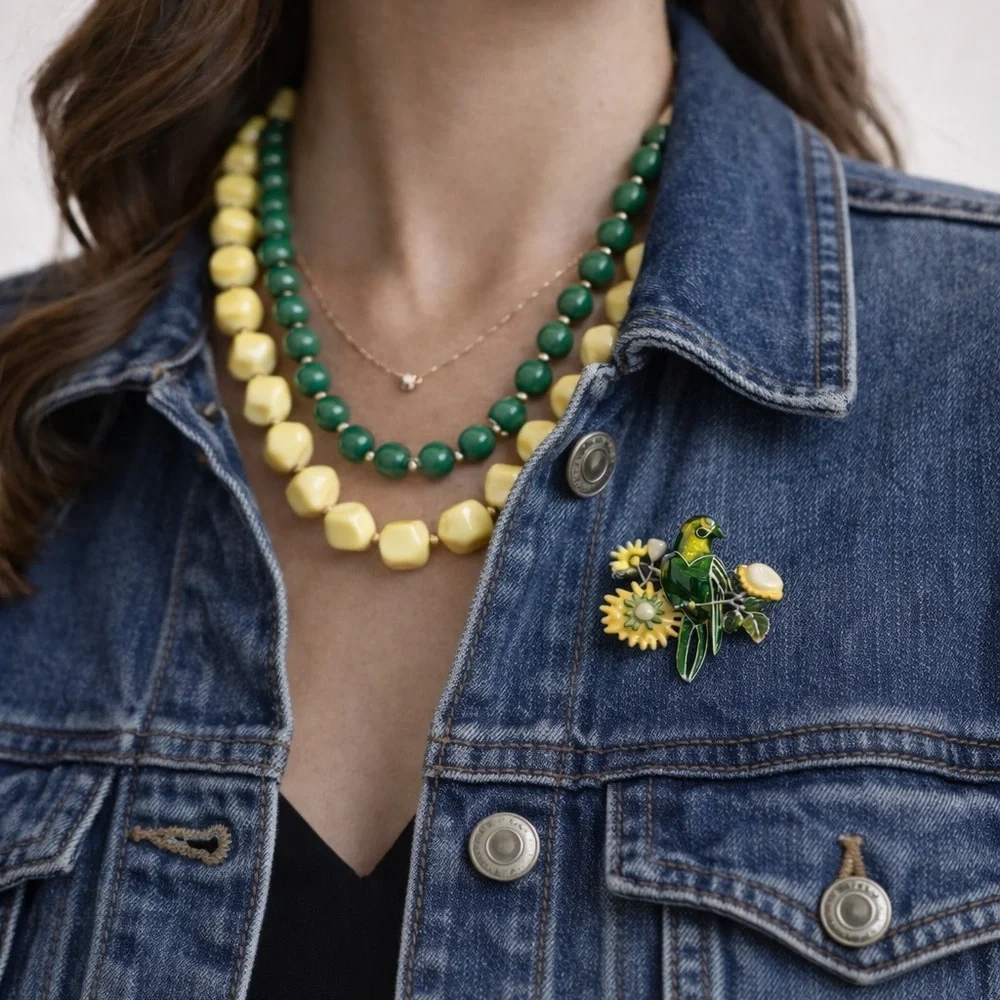 Vintage Enamel‎ Bird & Flower Brooch – Green Parrot Floral Mid Century